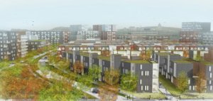 Vue en 3d de l'ensemble du projet du réaménagement du Triangle Namur/Jean-Talon dans le quartier de Côte-des-Neiges à Montréal