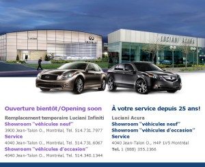 Publicité pour le concesssionnaire Luciani Acura et Infiniti