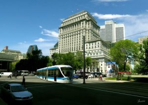 Représentation en 3D de la future ligne de tramway au coin de la rue Peel et du boulevard René-Lévesque