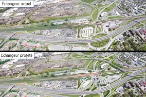 Vue aérienne de l'échangeur Dorval avant et après les travaux de réaménagement