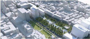 Vue numérique du projet de recouvrement de l'autoroute Ville-Marie au niveau de la station de métro Champ-de-Mars et du site du futur CHUM