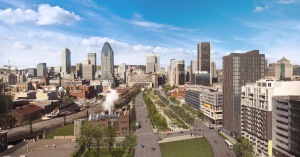 Le futur boulevard urbain du projet Bonaventure avec le centre-ville de Montréal en arrière-plan 