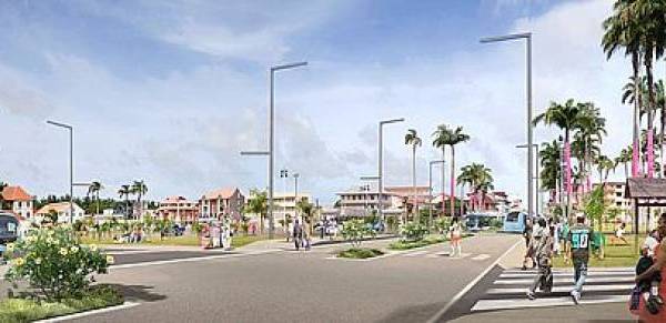 Représentation numérique du futur TCSP de l'agglomération de Cayenne sur une grande artère de la capitale guyanaise