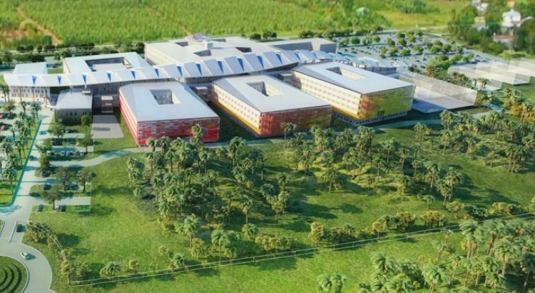 Vue aérienne du futur CHU de la Guadeloupe (Perrin, Les Abymes)